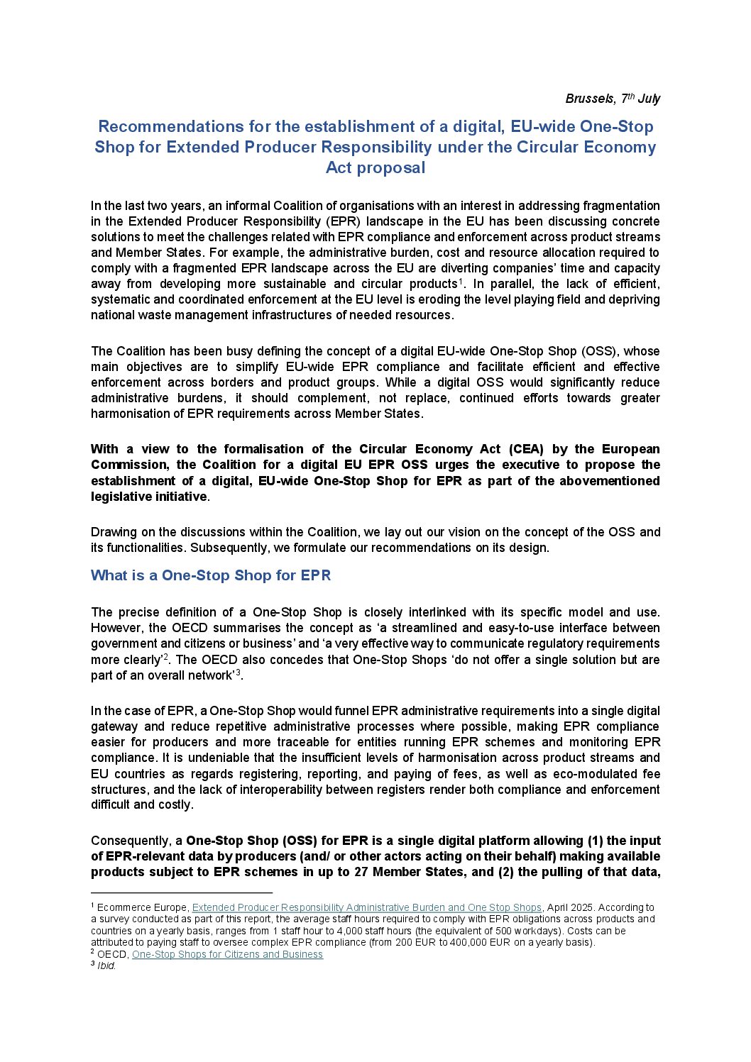 Recommendations for the establishment of a digital, E-wide One-Stop Shop for Extended Producer Responsibility