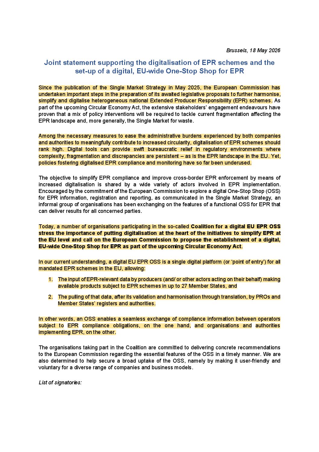 Joint statement supporting the digitalisation of EPR schemes 