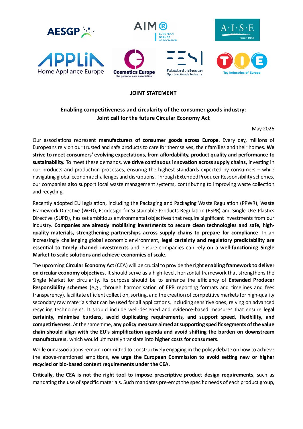 Joint statement for the future Circular Economy Act