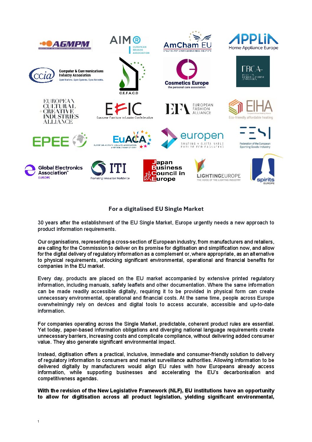Cross-industry Letter for a digitalised EU Single Market