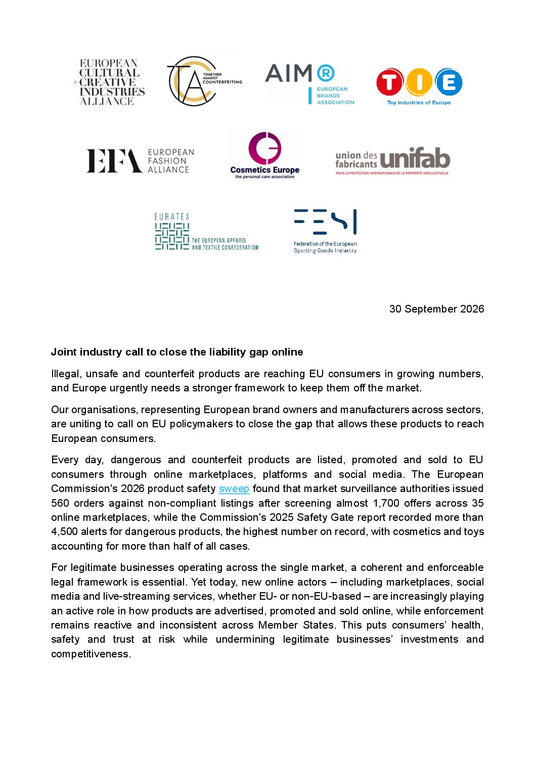 Joint industry call on online liability ahead of the European Product Act